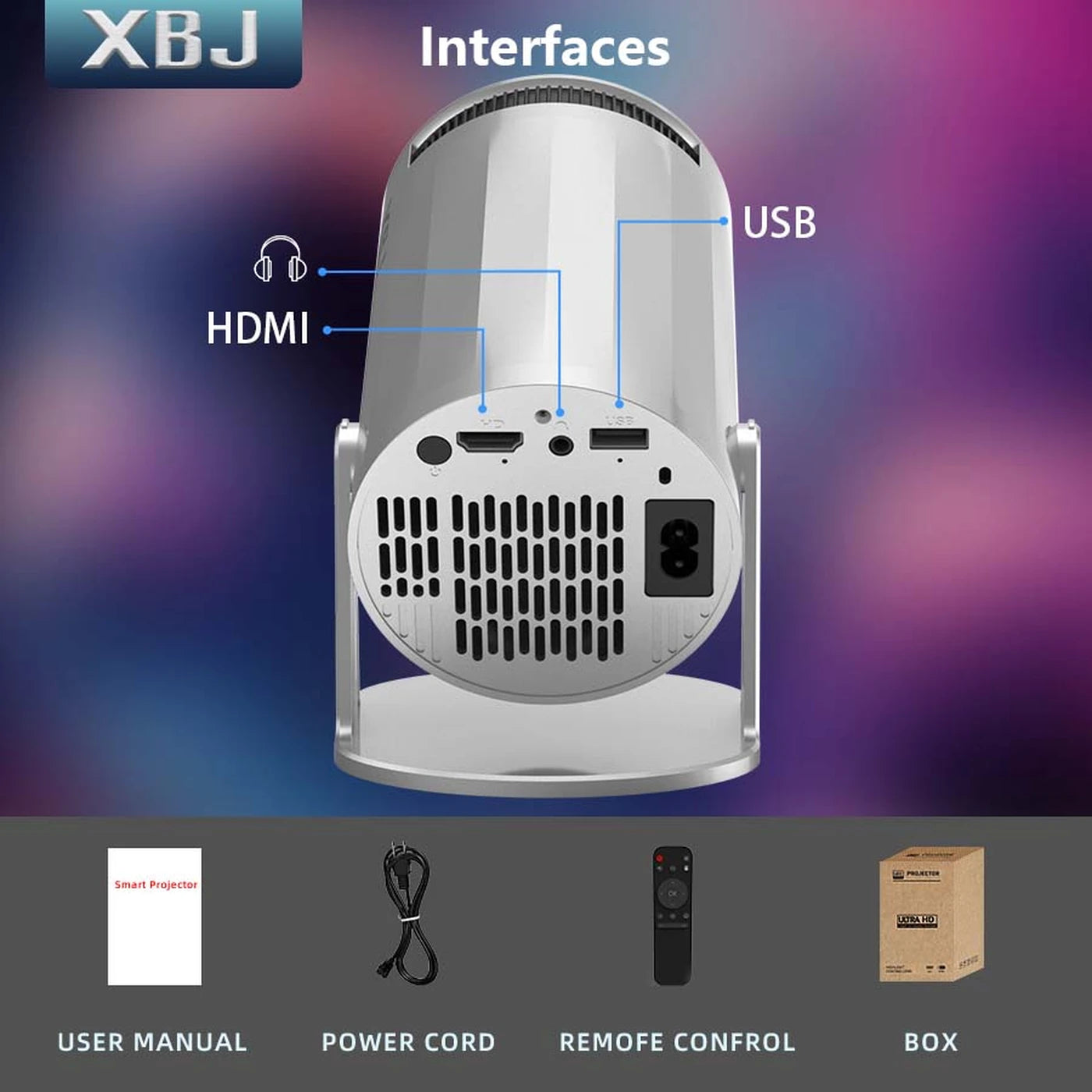 Mini-projecteur portable XBJ, couleur argent, 14 x 12 x 21,8 cm - Wi-Fi 6 et Bluetooth 5.2 - Android 11 - Décodage 1080p et 4K - Orientable à 180° - 200 lumens ANSI