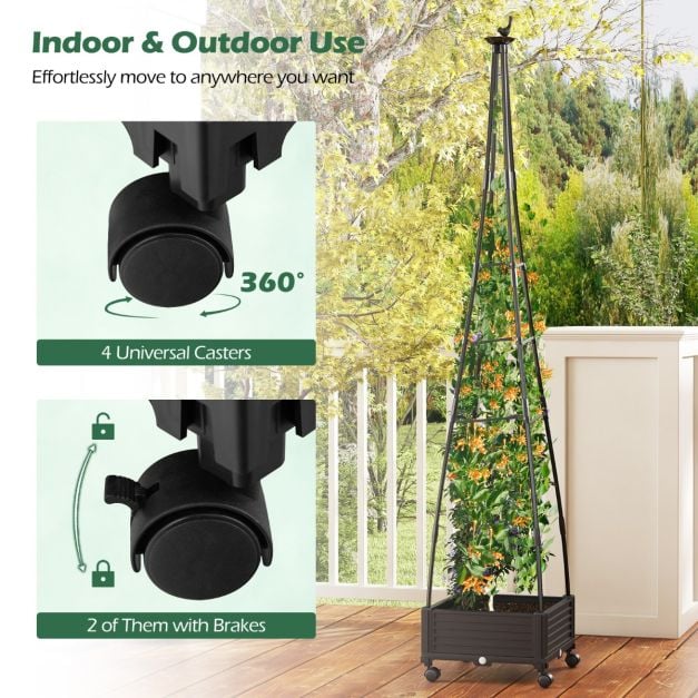 Tuteur Coast avec jardinière, noir – Obélisque de jardin mobile avec treillis et roulettes – 41 x 41 x 206 cm