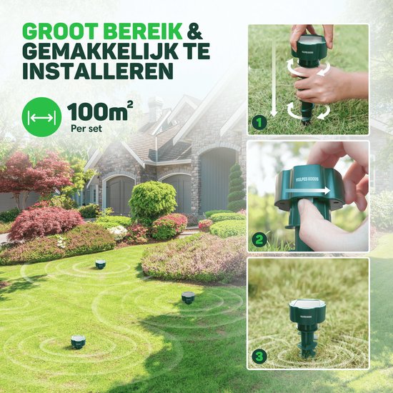 Vulpes Goods® Repellent - Répulsif à taupes - 4 pièces - Répulsif à souris - Contrôle des taupes - Alimenté par énergie solaire - Imperméable - Respectueux des animaux - PRO V2