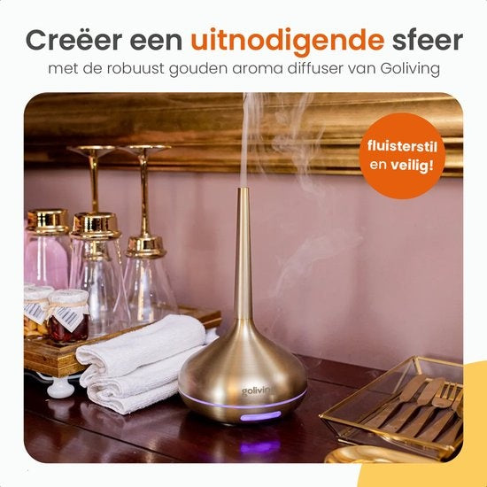 Goliving Diffuseur d'arômes - Humidificateur - Aromathérapie - 2 huiles essentielles incluses - 10 couleurs LED - Diffuseur de parfum - Or
