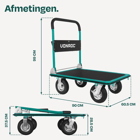 Chariot à plateau VONROC Premium – avec pneus gonflables – pliable – capacité de charge max. 300 kg – grande surface de chargement 90 x 60 cm – sangles de fixation incluses