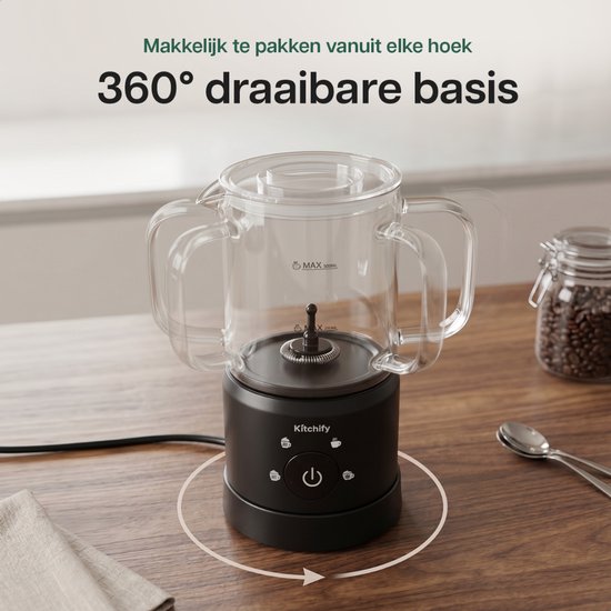 Mousseur à lait en verre Kitchify - Mousseur à lait électrique - Avec bec verseur - 4 en 1 - Milk Frother - Noir