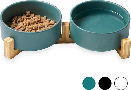 Gamelle pour chat et chien en céramique - Gamelles doubles avec support - Abreuvoir - 2x 400 mL - Vert mat