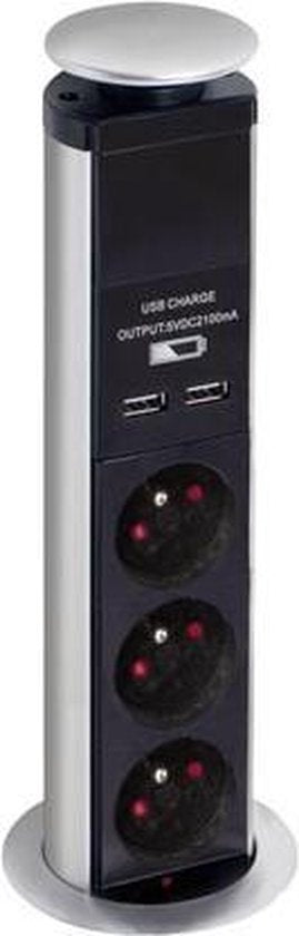 Perel Pop-up socket, 3 prises avec terre de protection (type F), 2 ports USB, trou de montage 71 mm, utilisation intérieure, noir/gris