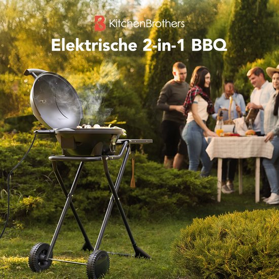 KitchenBrothers Barbecue électrique - pliable - Barbecue à roulettes - revêtement antiadhésif - table d'appoint - jusqu'à 250°C - 2400W - noir
