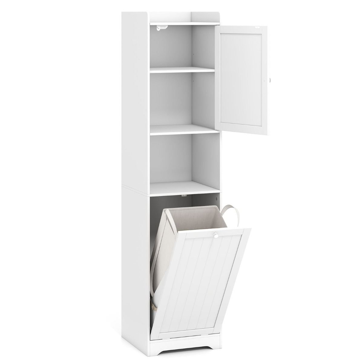 Armoire de salle de bains Coast avec panier à linge - armoire de rangement haute et étroite - étagère réglable - blanche 170 cm
