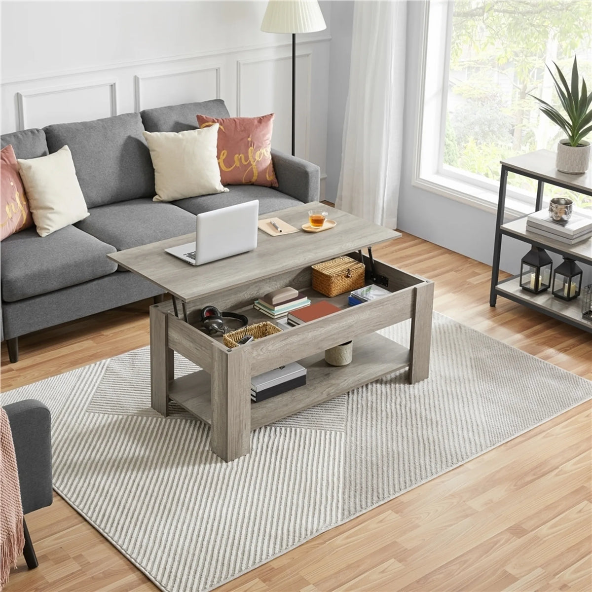 Yaheetech Table Basse avec Fonction Lift-Top - Avec Rangement Caché, Etagère Inférieure Réglable et Mécanisme à Ressort - Pour Salon et Bureau - Mdf Gris et Métal - 120 x 59 x 49.5-63.5 cm