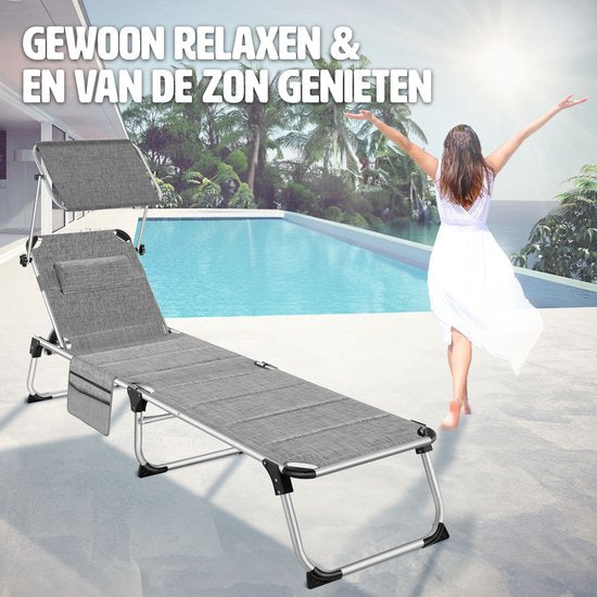 tectake® - Chaise longue Lorella rembourrée, pliable - gris chiné - 220 x 60,5 x 34 cm, avec poche latérale