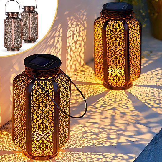 Goliving Lampe de table solaire Spark - Lampe d'extérieur - 2 pièces - Lanterne d'extérieur - Lampe de jardin solaire - Lampe d'extérieur LED - Lampe à suspension - 21 cm - Métal - Bronze