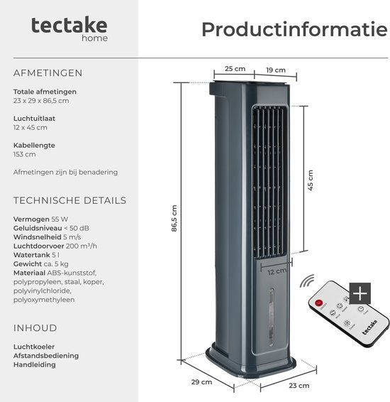 tectake® Refroidisseur d'air 4-en-1 Alaska - Réservoir d'eau de 5 L - 3 réglages - Refroidisseur d'air - Climatiseur avec fonction d'oscillation - Minuterie - Télécommande - Éléments de refroidissement - Humidificateur - Ventilateur - Purificateur d'air -