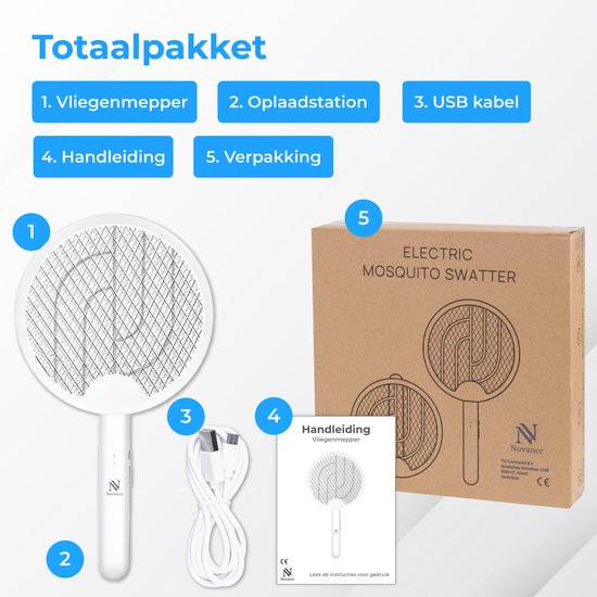Nuvance Electric Fly Swatter - 180° Swivel Handle - Mosquito Lamp - Usb Rechargeable - Fly Swatter - Mosquito Catcher - Uv - White