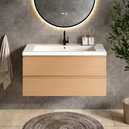Meuble de salle de bains Mirlux en chêne clair 100 cm - Lavabo blanc - Ensemble de meubles de salle de bains - Meuble-lavabo en chêne clair
