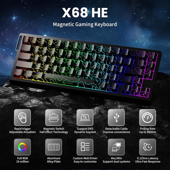 ATTACK SHARK X68HE - Clavier gaming filaire à commutateurs magnétiques - 66 touches - RGB - Touches PBT imprimées sur les côtés - Lanière décorative - 8 kHz - 0,01 mm RT - 0,125 ms - Contour noir