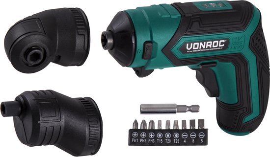 VONROC Tournevis sans fil - 4V - Avec porte-embout, embout excentrique et d'angle, jeu d'embouts et chargeur