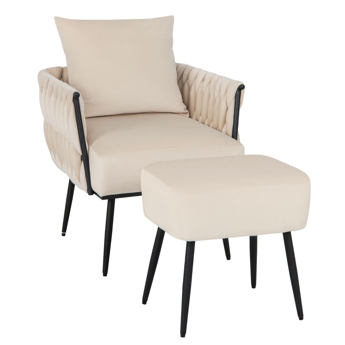 Coast - Ensemble chaise d'appoint et pouf - velours, dossier tissé et pieds en métal - chaise 66 x 65 x 80 cm - velours/métal - beige