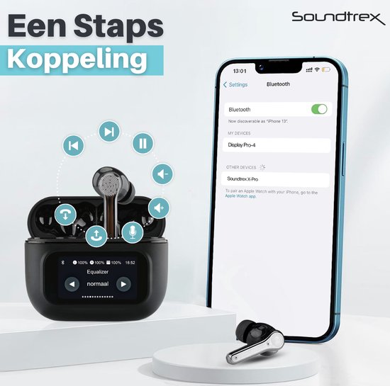 Écouteurs sans fil Soundtrex Display - Écouteurs Bluetooth - Écouteurs sans fil - Suppression active du bruit - Écran LED - Bluetooth 5.3 - Noir