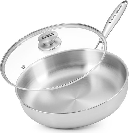 Poêle Savoré Kitchen 28 cm avec couvercle – Compatible induction – Poêle à sauter en acier inoxydable – Sans PFAS