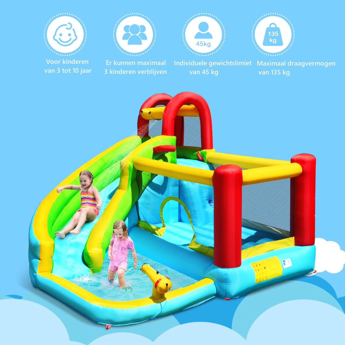 Château gonflable Coast 6-en-1 - Toboggan incurvé - Mur d'escalade et canon à eau - 320 x 305 x 213 cm