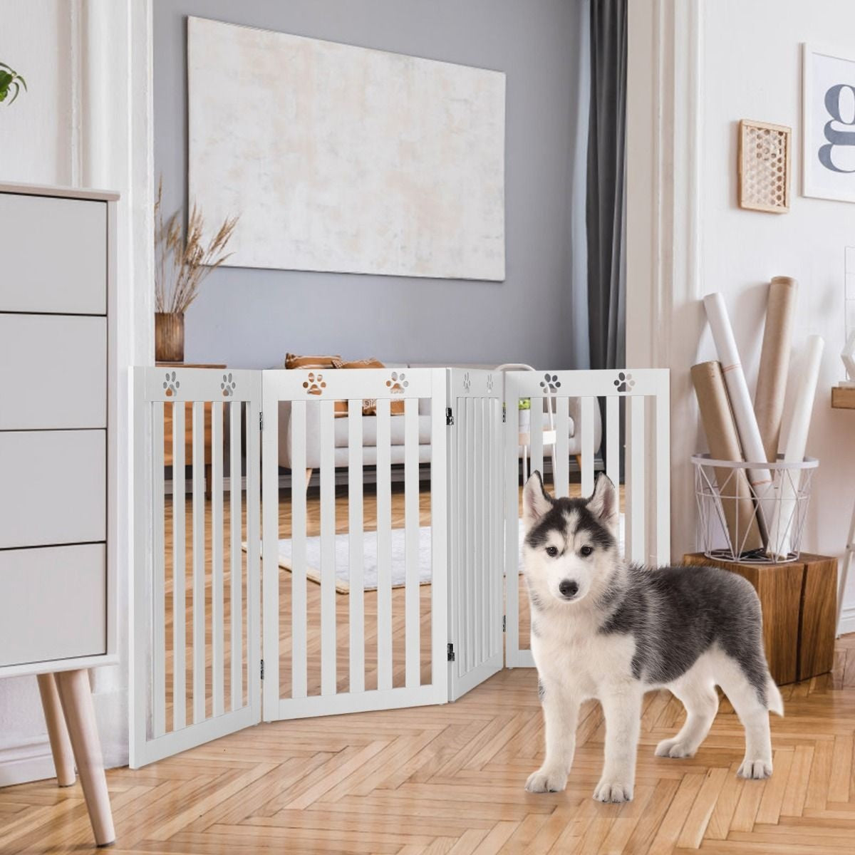 Clôture pour chien en bois autoportante Clôture pour chien pliable en 3 parties avec charnières flexibles Blanc