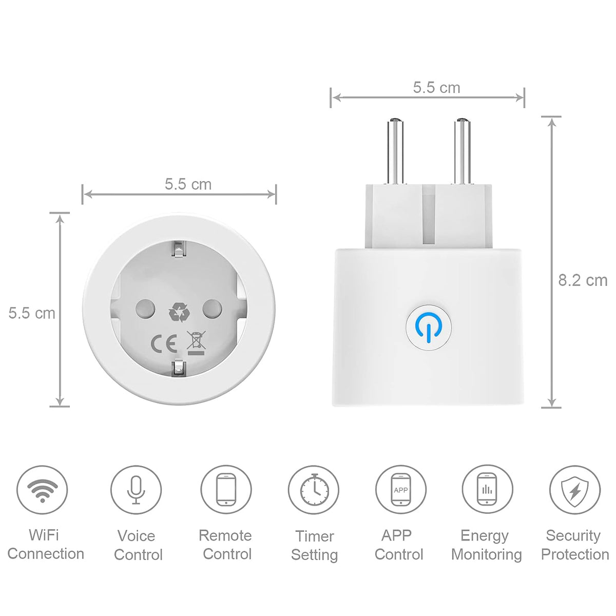 Prises intelligentes Antela avec compteur de consommation d'énergie, lot de 2 – Wi-Fi et commande vocale – Blanc – ABS ignifuge