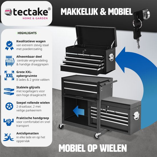 tectake® Chariot d'atelier avec support de valise - Chariot à outils verrouillable avec 10 compartiments - Établi mobile en acier - Roues avec frein - Chariot à outils vide, armoire à outils - Noir