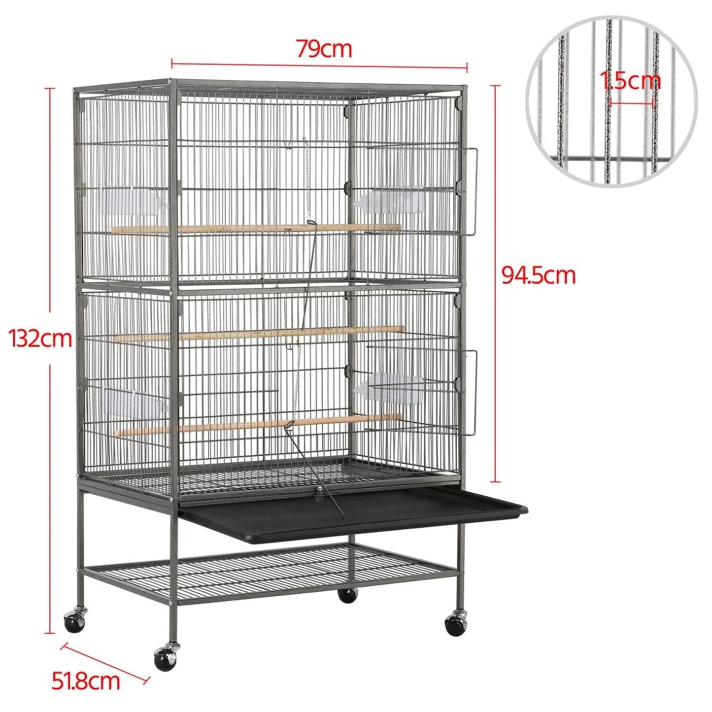 Yaheetech Cage à oiseaux XXL avec base mobile - équipée d'une porte sécurisée, d'une étagère de rangement et de 3 perchoirs en bois - pour perroquets et cacatoès - métal noir - 79 x 52 x 132 cm