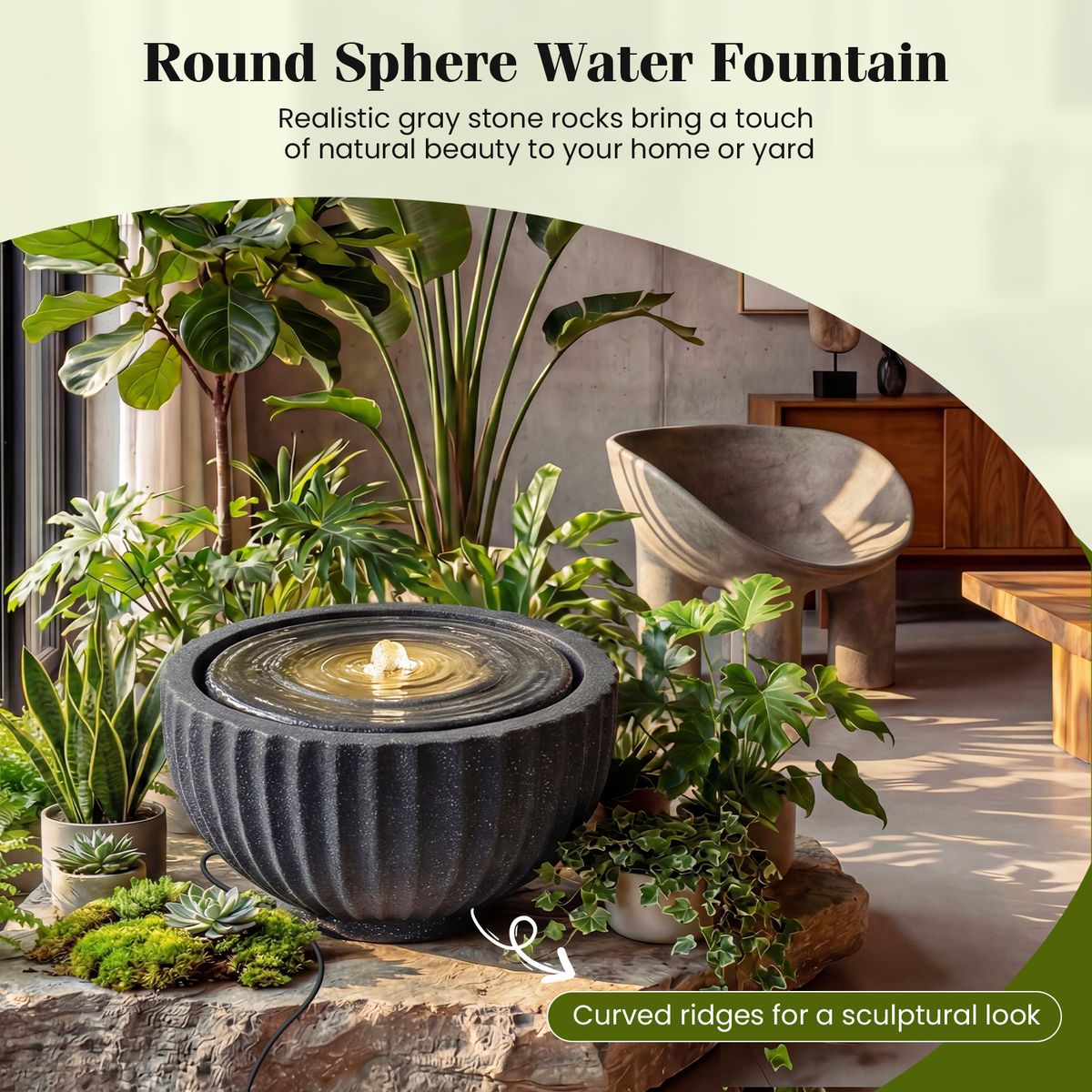 Fontaine de jardin ronde Coast - avec éclairage LED - aspect pierre - 45 x 45 x 23,5 cm - noir