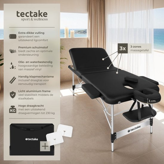 table de massage tectake® 3 Zones - Table de traitement avec sac de transport - matelas de 5 cm d'épaisseur - châssis en aluminium - largeur 78 cm - capacité de charge 230 kg - 15 appuis-tête inclus - noir