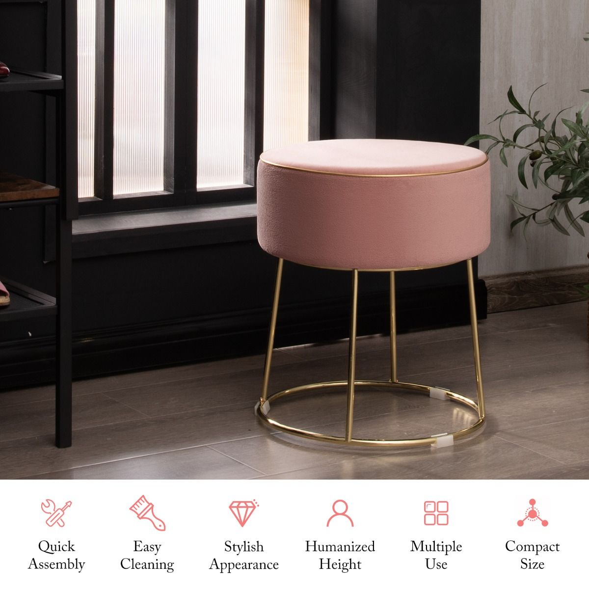 Pouf rond en velours Coast avec pieds métalliques - Tabouret rembourré pour maquillage - Capacité de charge : 150 kg - 34 x 34 x 41 cm - Rose