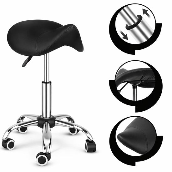 Bayt Tabouret de selle - Chaise de selle - Tabouret de barbier - Tabouret de selle sur roulettes - Tabouret - Réglable en hauteur - Noir