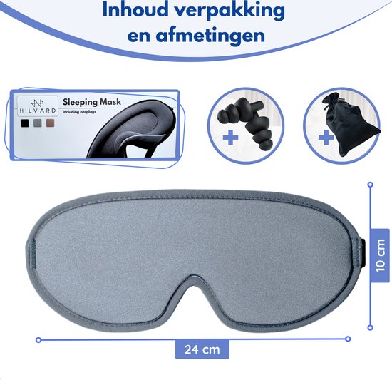 Hilvard - Masque de sommeil - Masque oculaire - Bouchons d'oreilles inclus - 100% occultant - Ajustable - Ergonomique - Gris