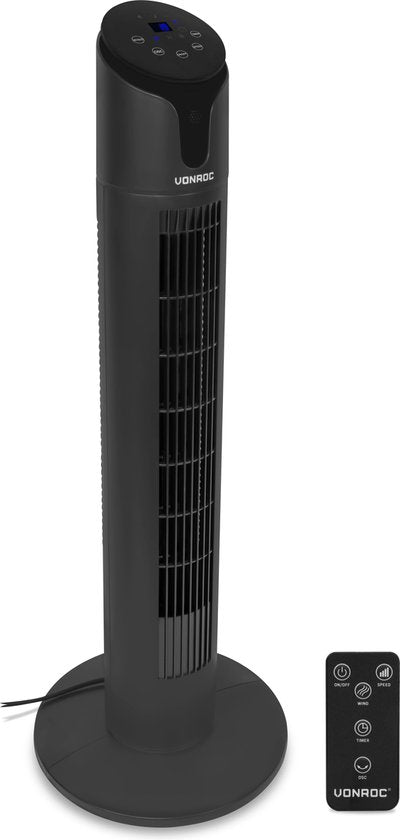 VONROC Luxury Fan - Ventilateur de tour - hauteur 86 cm - télécommande incluse - 3 vitesses - fonction swing - minuterie de 15 heures - noir