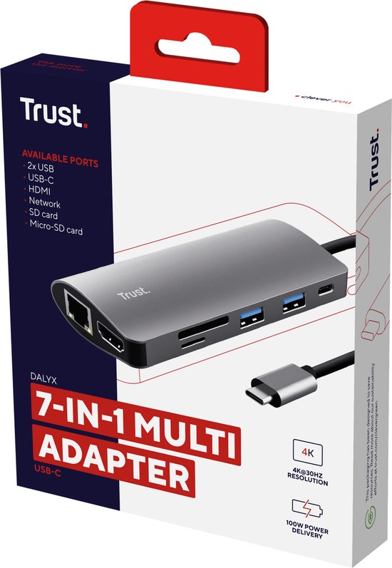 Hub USB Trust – Répartiteur USB – Hub de distribution USB – Extension de ports USB – Gris