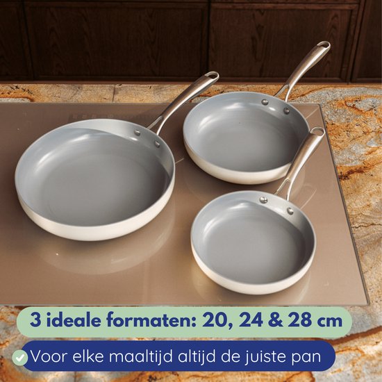 Safecourt Kitchen 3-Piece Ceramic Frying Pan Set - Ø 20, 24, 28 cm Pans - Induction, Electric, Ceramic & Gas - PFAS & PTFE free