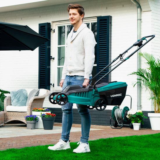 VONROC Tondeuse électrique - 1300W - Largeur de coupe 32cm - Bac de ramassage 30L + indicateur de remplissage - Hauteur de coupe réglable