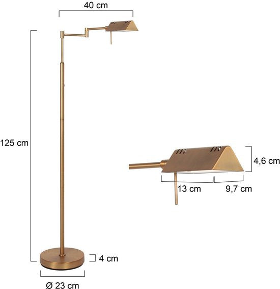 Lampadaire GlowGo 4603BR - Lampadaire classique couleur bronze de Mexlite avec batterie intégrée, bras réglable et variateur d'intensité, hauteur 125 cm