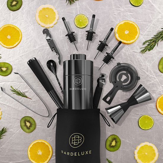 Set cocktail, 17 pièces, set bartender, set cocktail mixer, 750ml cocktail shaker stainless steel, cocktail shaker set, bartender set, luxury cocktail gift set, bag & recipe book (black)