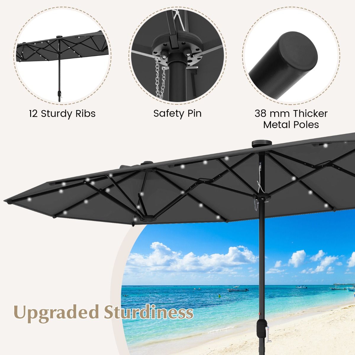 Parasol de jardin double Coast avec éclairage LED à énergie solaire - 400 x 200 cm - Gris