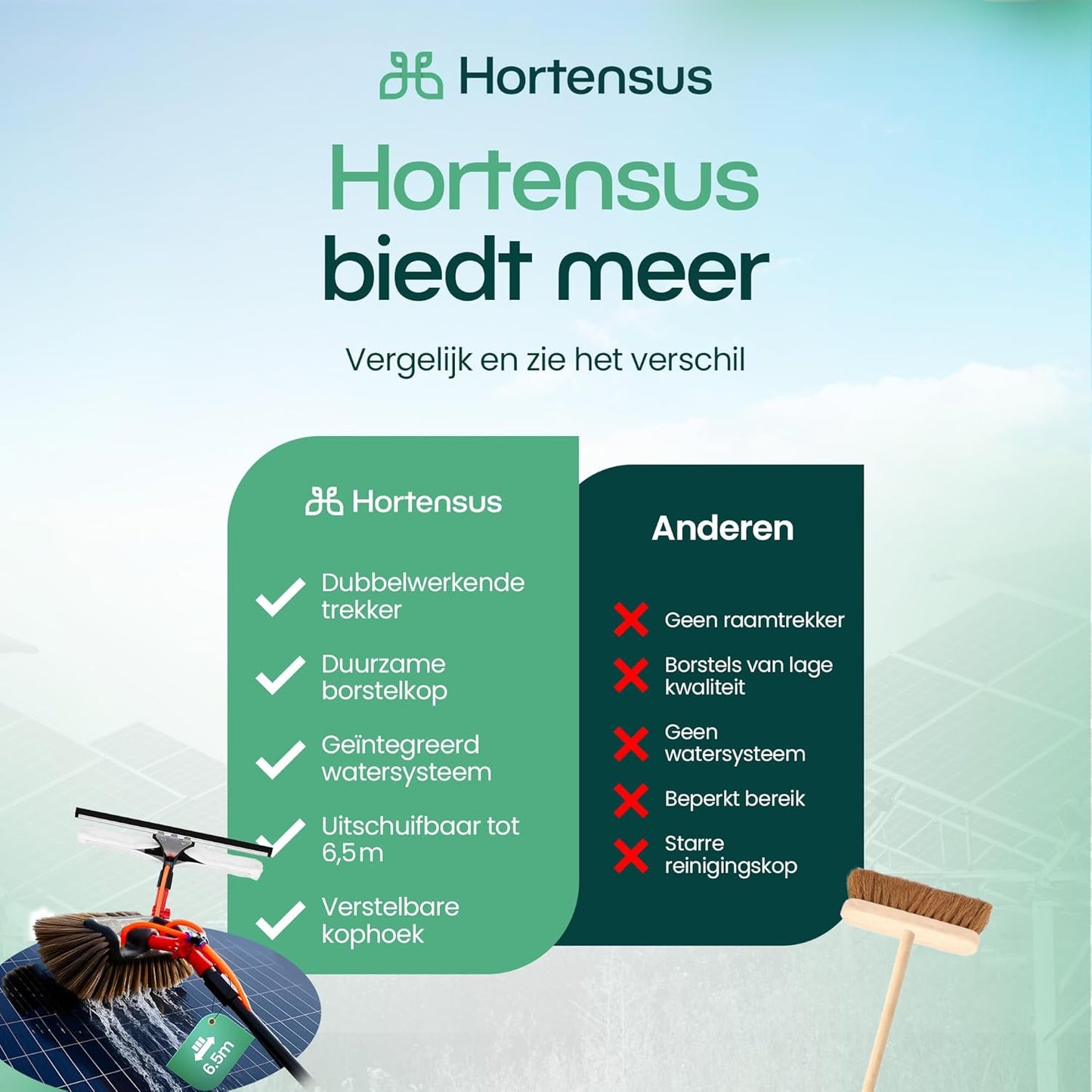 Brosse de lavage télescopique Hortensus - Avec raccord d'eau et distributeur de savon - 6.5M de long