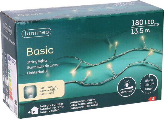 Lumières LED - 180 LED - 13,5 mètres - Blanc chaud - Cordon transparent