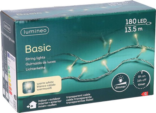 Lumières LED - 180 LED - 13,5 mètres - Blanc chaud - Cordon transparent