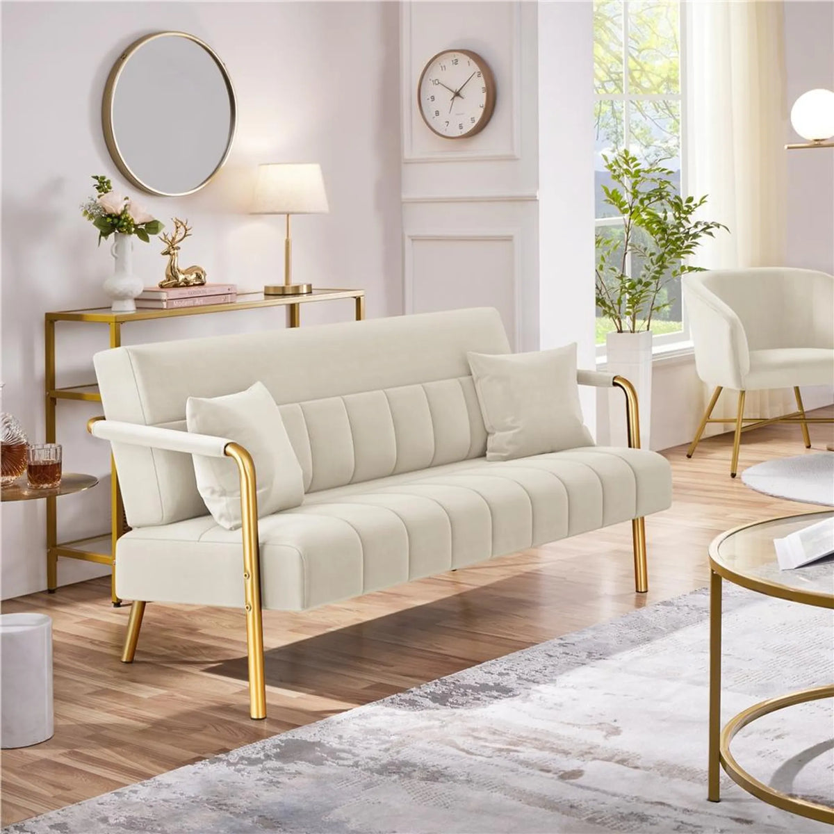Canapé 2 places rembourré avec accoudoirs et pieds en métal, beige, 143,5 × 71,5 × 75,5 cm