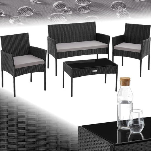 tectake® - Ensemble de jardin en osier Palese - Groupe de sièges pour 4 personnes - Ensemble de meubles de jardin avec banc de salon, table de jardin et 2 chaises de jardin, y compris les coussins d'assise - Meubles de jardin - Résistant à l'eau - Noir