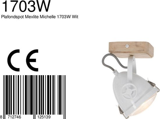Spot de plafond Michelle Blanc - Orientable et inclinable - Bois et métal - Mexlite - 20 cm de hauteur, 11 cm de diamètre