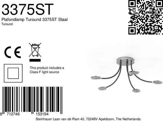 Plafonnier Turound 3375ST – lampe design en acier avec verre, LED, intensité réglable, 91,5 cm, Steinhauer