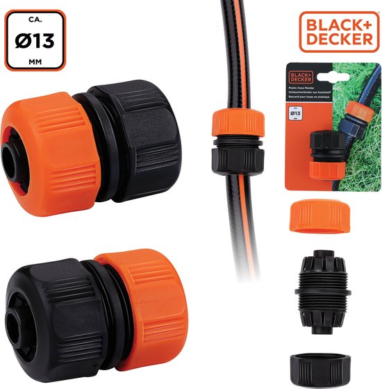 BLACK+DECKER Connecteur de tuyau 1/2" - 13 ⌀ MM - Raccord de tuyau d'arrosage - Noir/Orange