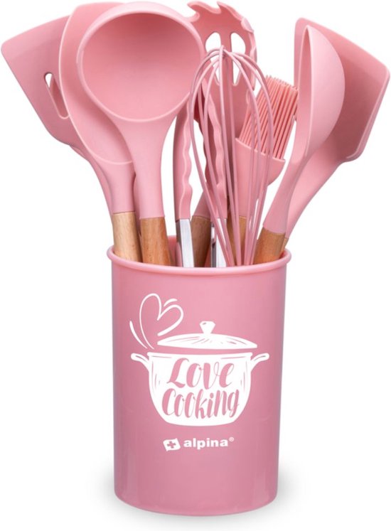 Ensemble d'ustensiles de cuisine Alpina avec support - 12 pièces - Ustensiles en silicone avec manche en bois - Rose