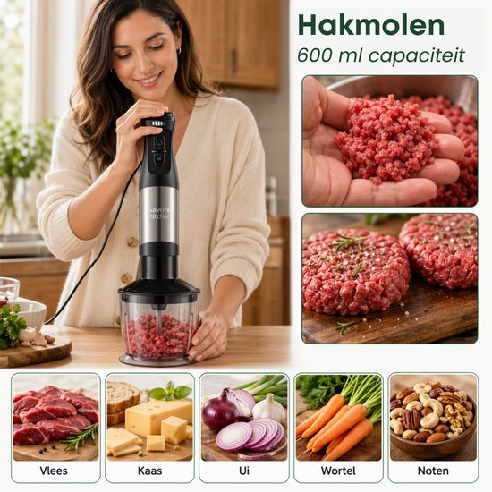 Mixeur plongeant Savoré Kitchen Pro+ 1500 W – Ensemble comprenant un hachoir de 600 ml, un fouet, un mousseur à lait et un verre doseur – 5 vitesses – 6 lames – acier inoxydable