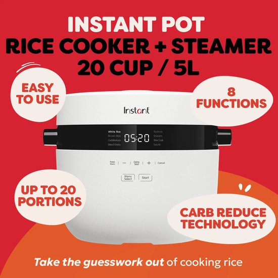 Cuiseur à riz et cuiseur vapeur Instant Pot 4,8 L - 8 programmes - Mijoteuse - Sauté - Technologie CarbReduce - Jusqu'à 20 portions - Multi-céréales