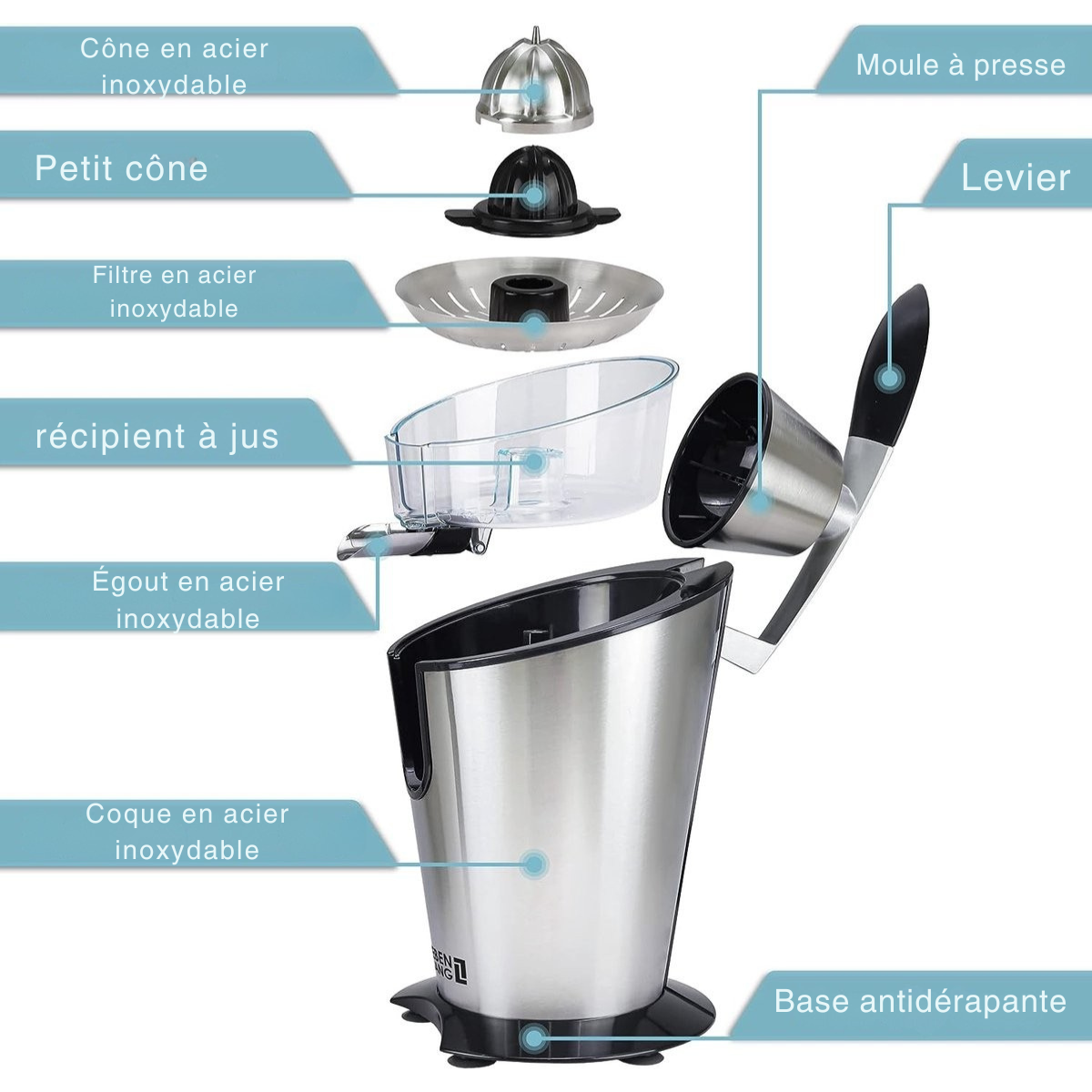 Centrifugeuse - LEBENLANG Extracteur de jus - Presse orange - 600W - 20 x 20 x 31 cm - Argenté